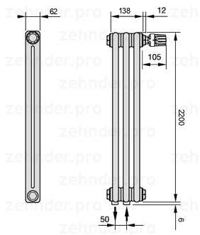 Схема (чертеж) Радиатор Zehnder Charleston 2220/3 №V008 Белый глянцевый RAL 9016